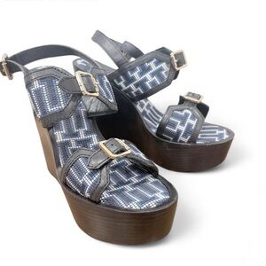 Tory Burch Black and Blue Wedge Sandals Size 7.5